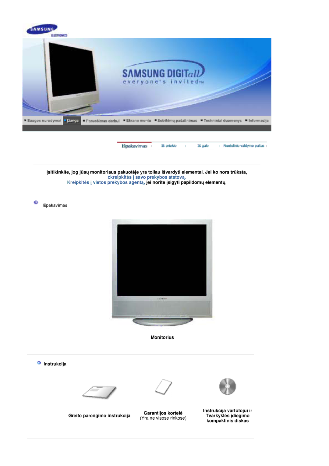 Samsung MZ19FSSS/EDC manual Ckreipkitơs Ƴ savo prekybos atstovą, Monitorius Instrukcija Greito parengimo instrukcija 