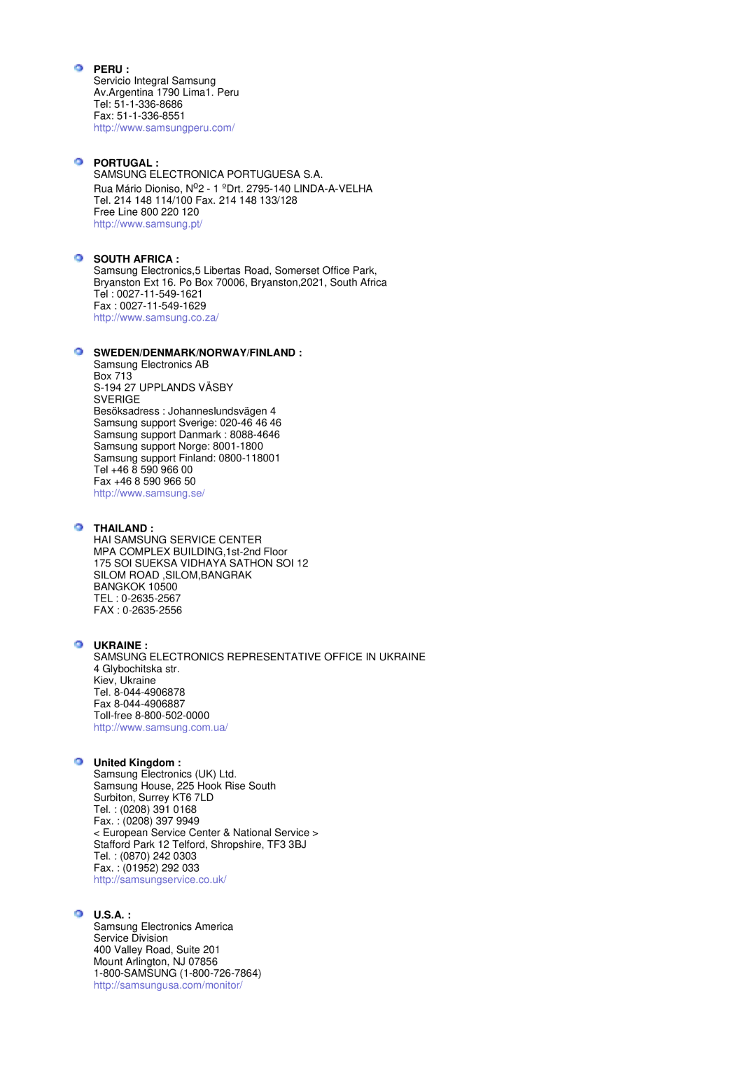 Samsung MZ19FSSS/EDC manual Peru, Portugal, South Africa, Sweden/Denmark/Norway/Finland, Thailand, Ukraine 