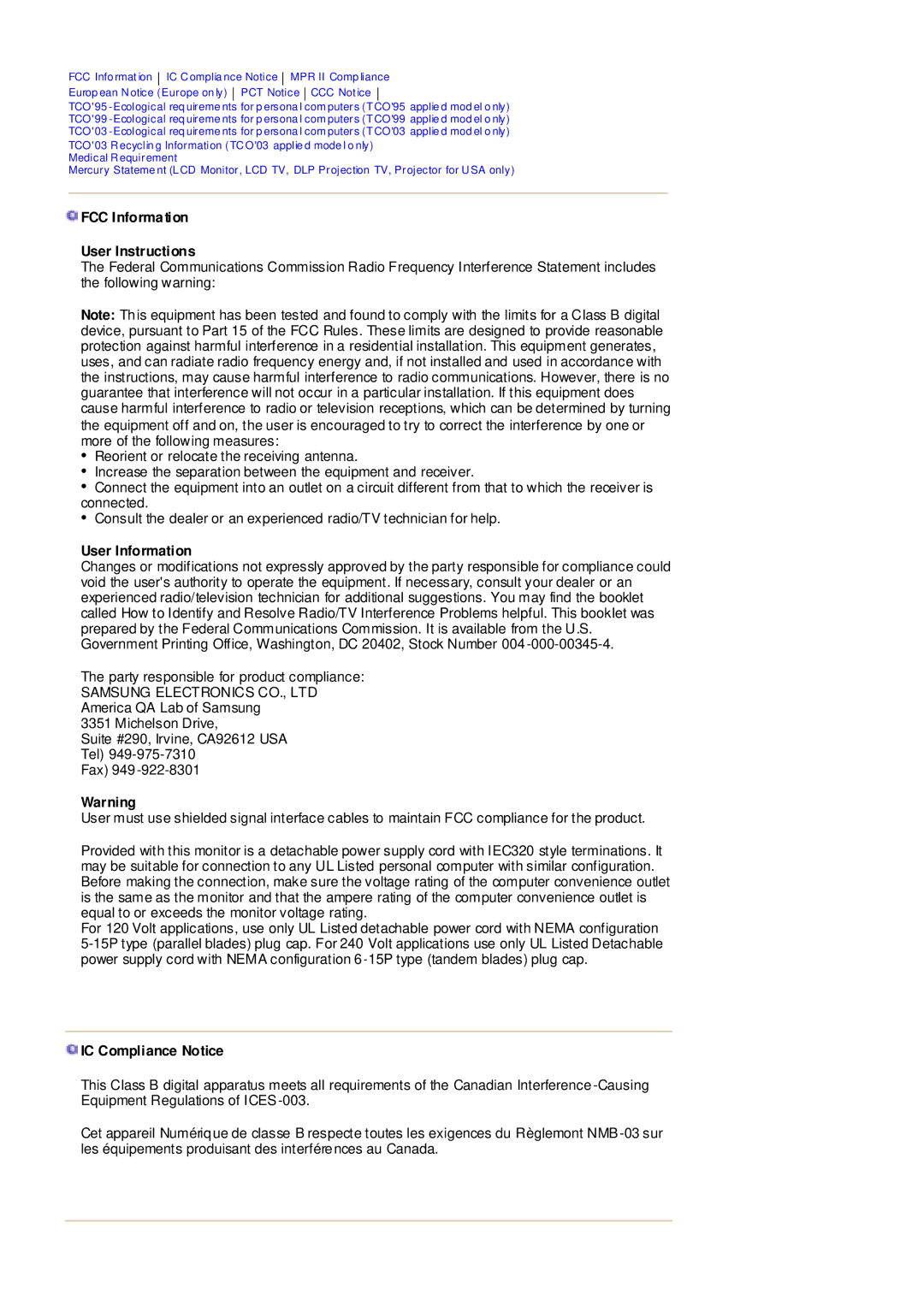 Samsung MZ19FSSS/EDC manual FCC Information User Instructions, User Information, IC Compliance Notice 