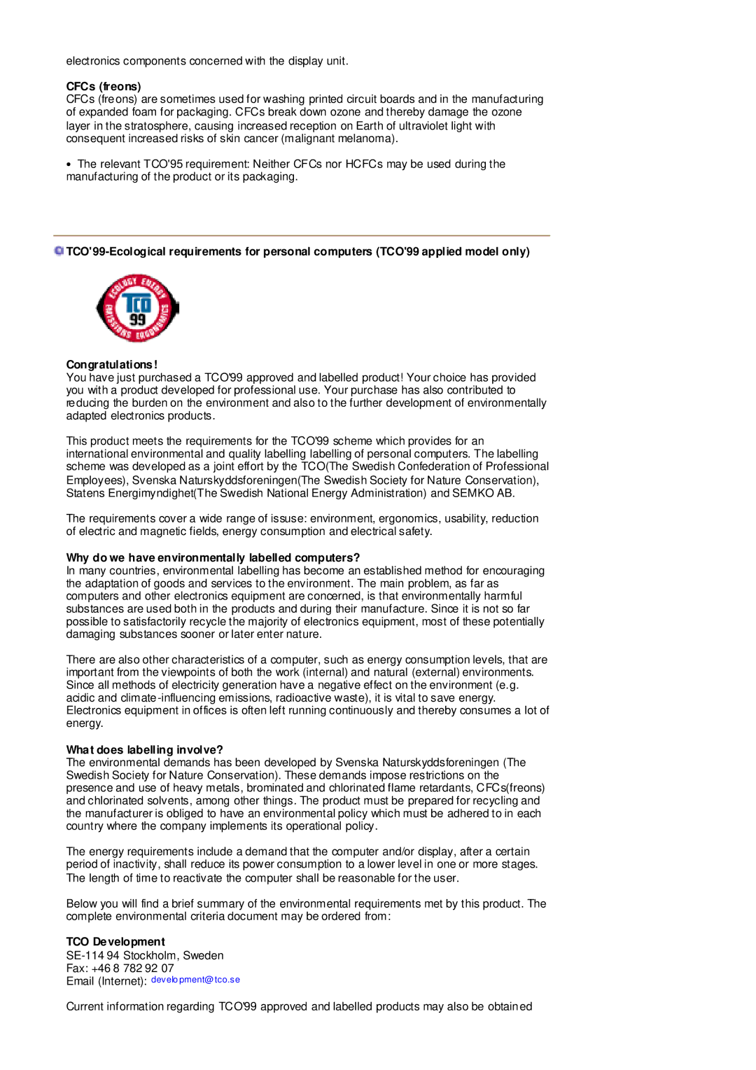 Samsung MZ19FSSS/EDC manual CFCs freons, Why do we have environmentally labelled computers?, TCO Development 