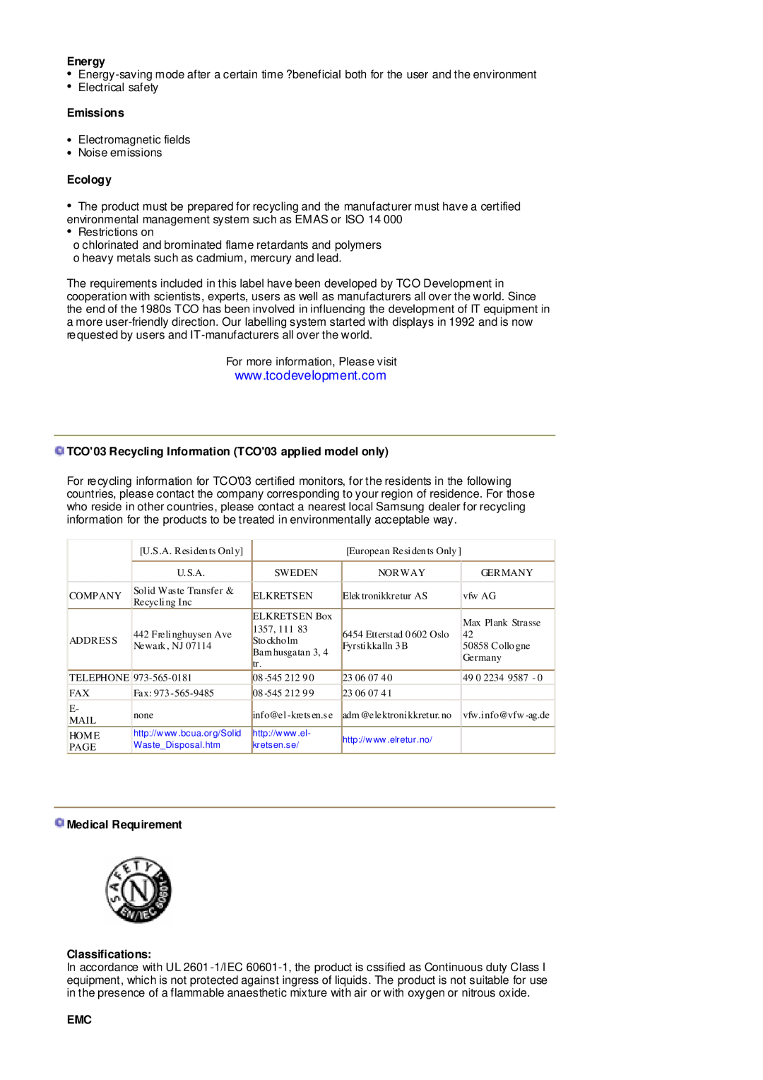 Samsung MZ19FSSS/EDC manual Energy, Emissions, Ecology, TCO03 Recycling Information TCO03 applied model only 