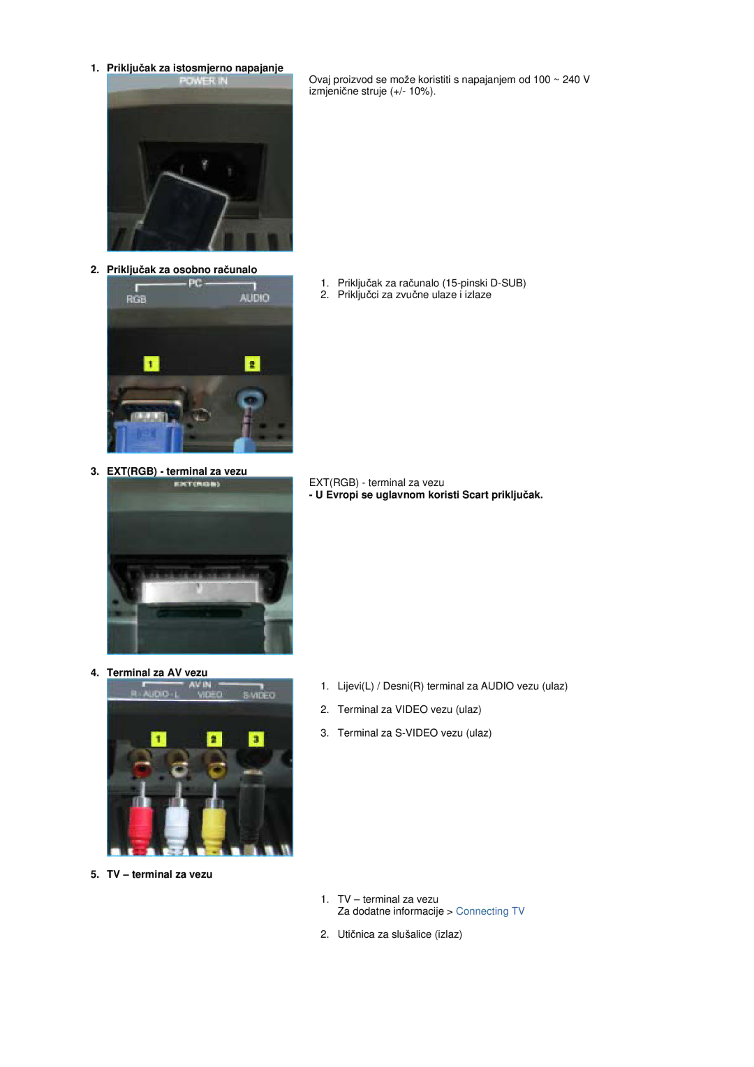 Samsung MZ19FSSS/EDC manual Prikljuþak za istosmjerno napajanje, Prikljuþak za osobno raþunalo, Extrgb terminal za vezu 