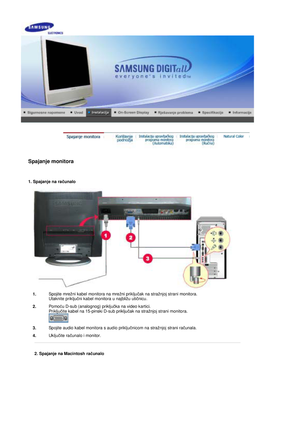 Samsung MZ19FSSS/EDC manual Spajanje na raþunalo, Spajanje na Macintosh raþunalo 