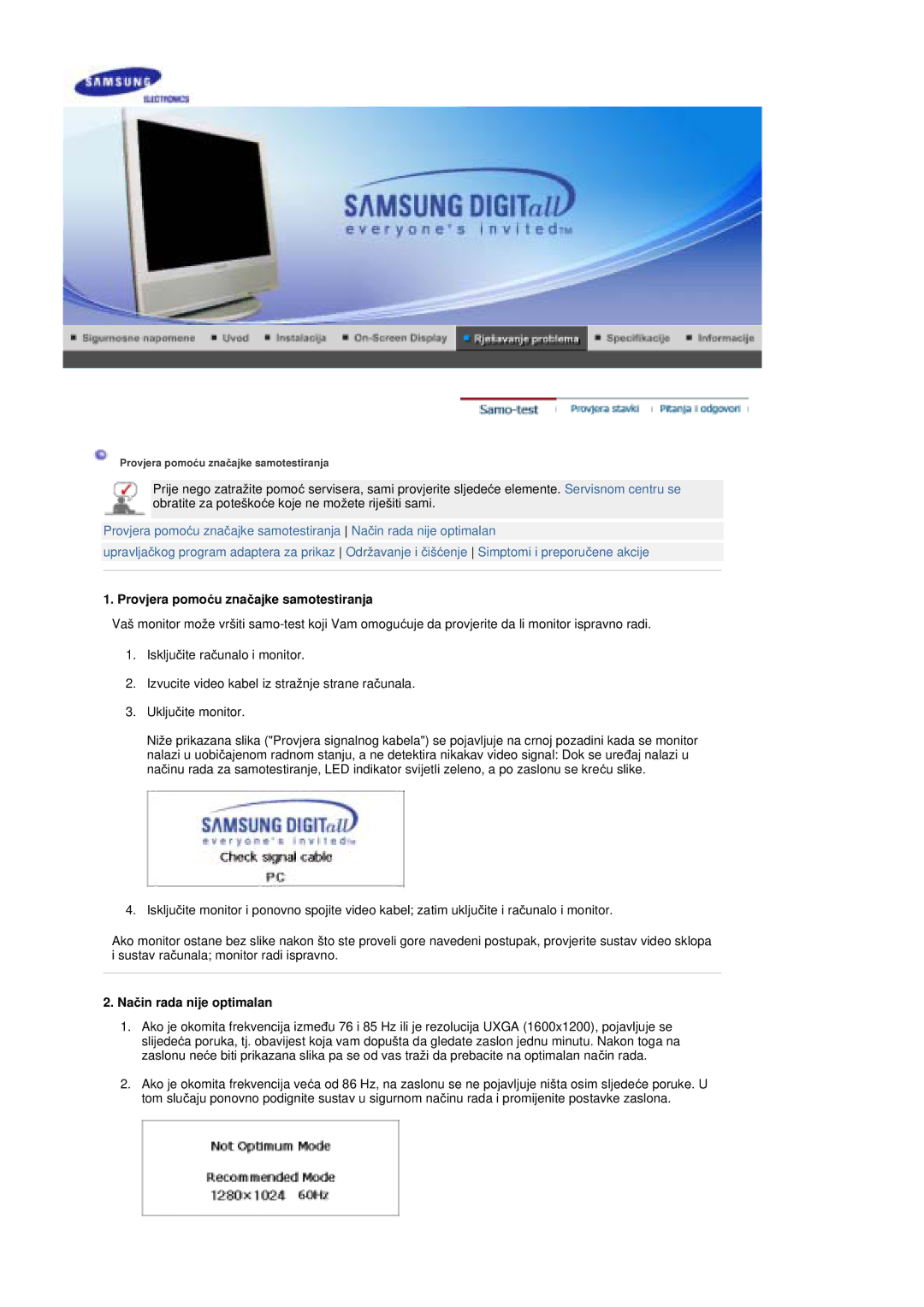 Samsung MZ19FSSS/EDC manual Provjera pomoüu znaþajke samotestiranja, Naþin rada nije optimalan 