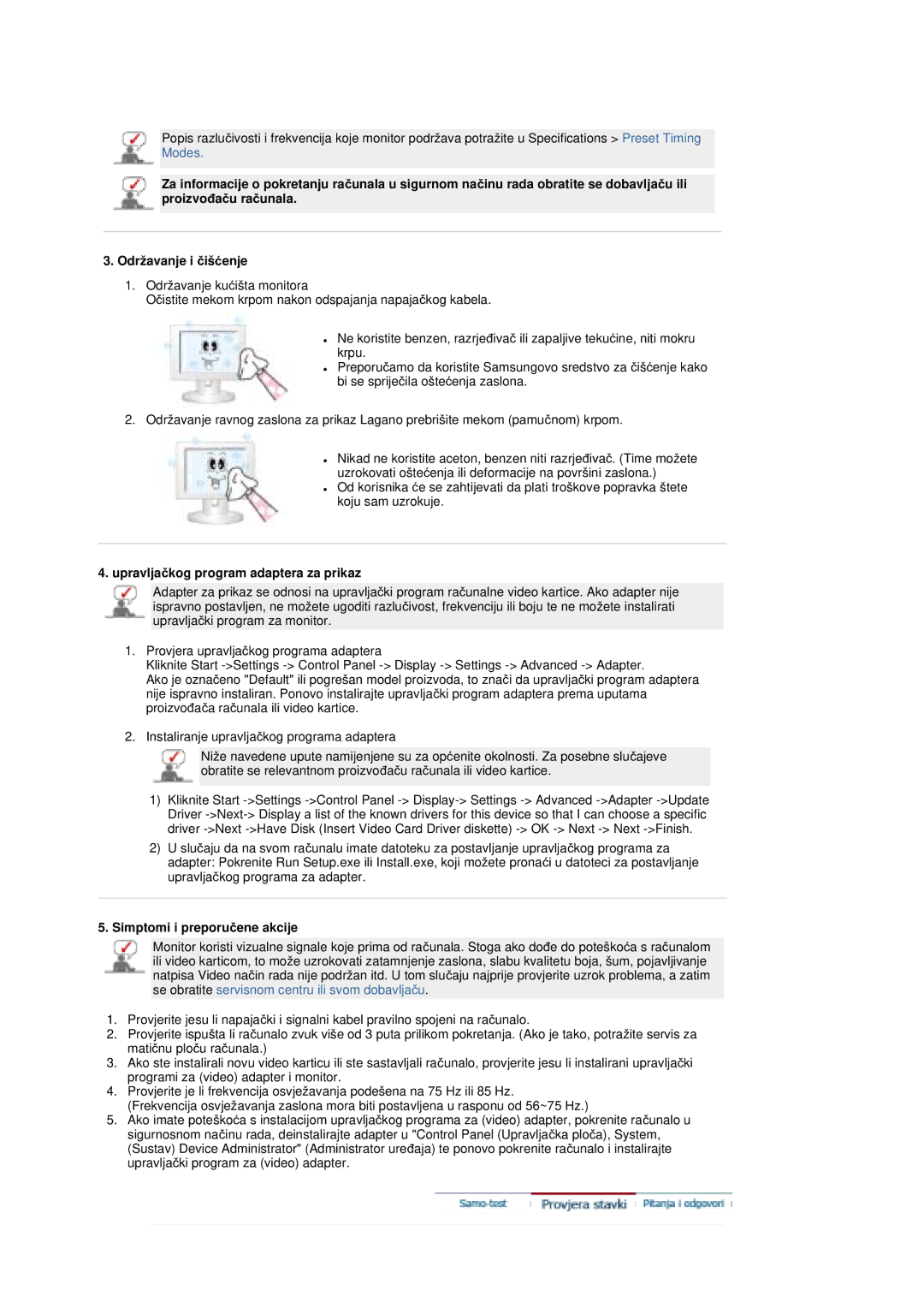 Samsung MZ19FSSS/EDC manual Upravljaþkog program adaptera za prikaz, Simptomi i preporuþene akcije 