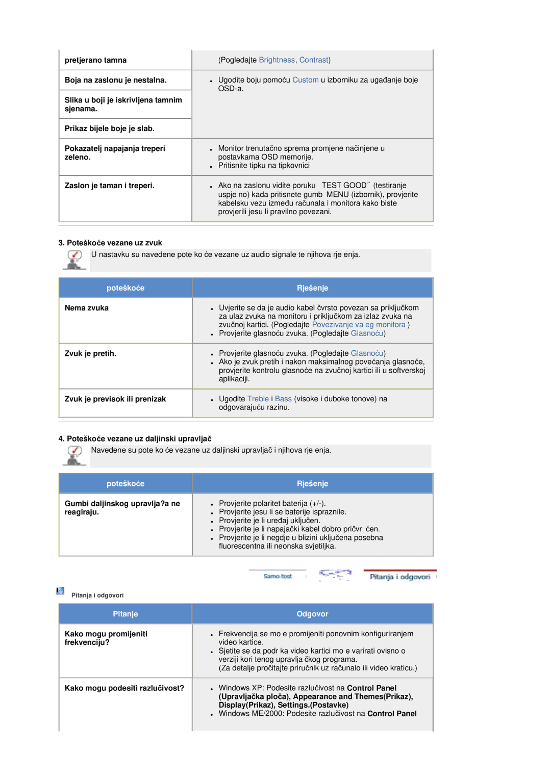 Samsung MZ19FSSS/EDC manual Poteškoüe vezane uz zvuk, Nema zvuka, Zvuk je pretih, Zvuk je previsok ili prenizak 