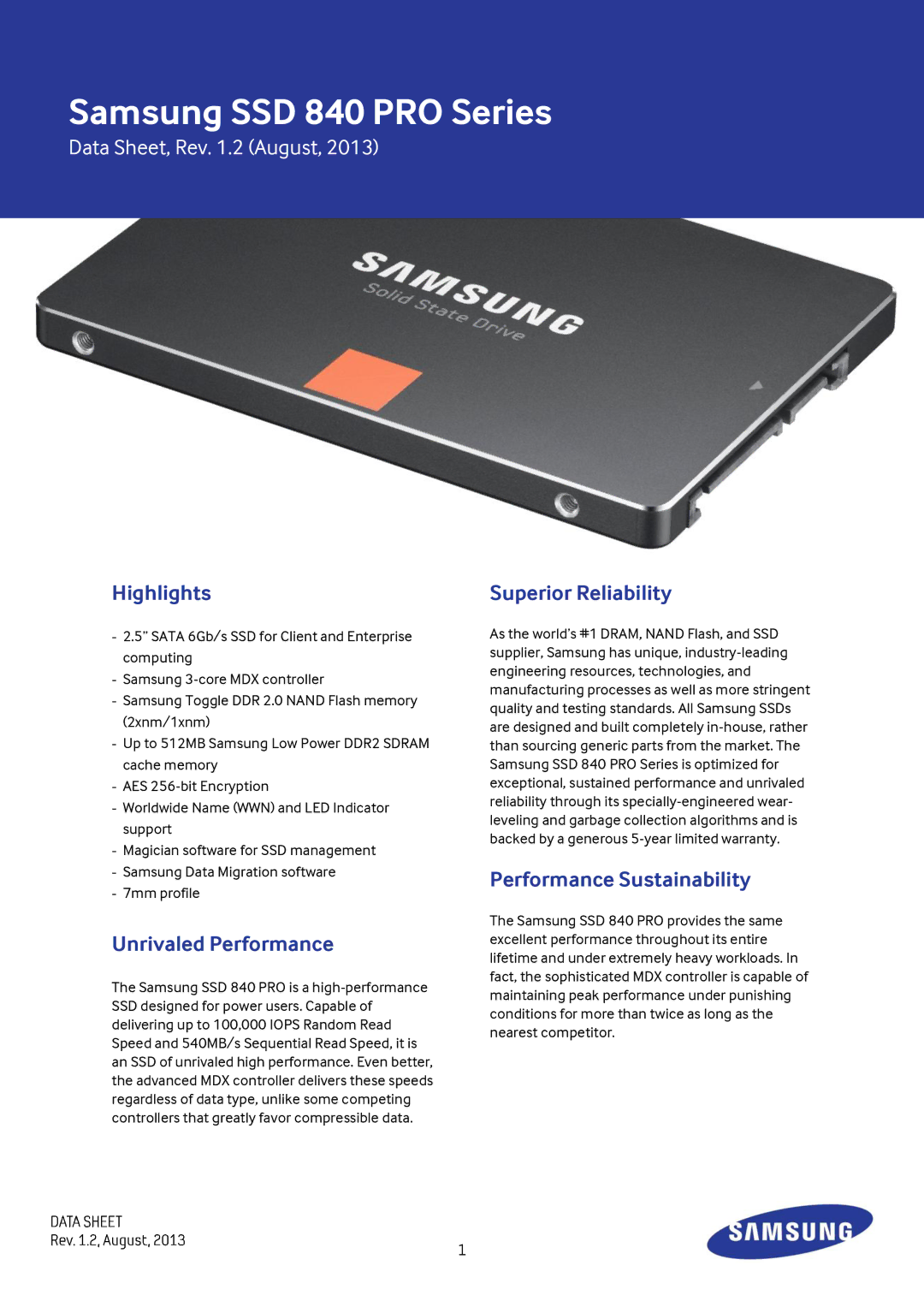 Samsung MZ-7PD512BW warranty Highlights, Unrivaled Performance, Superior Reliability, Performance Sustainability 