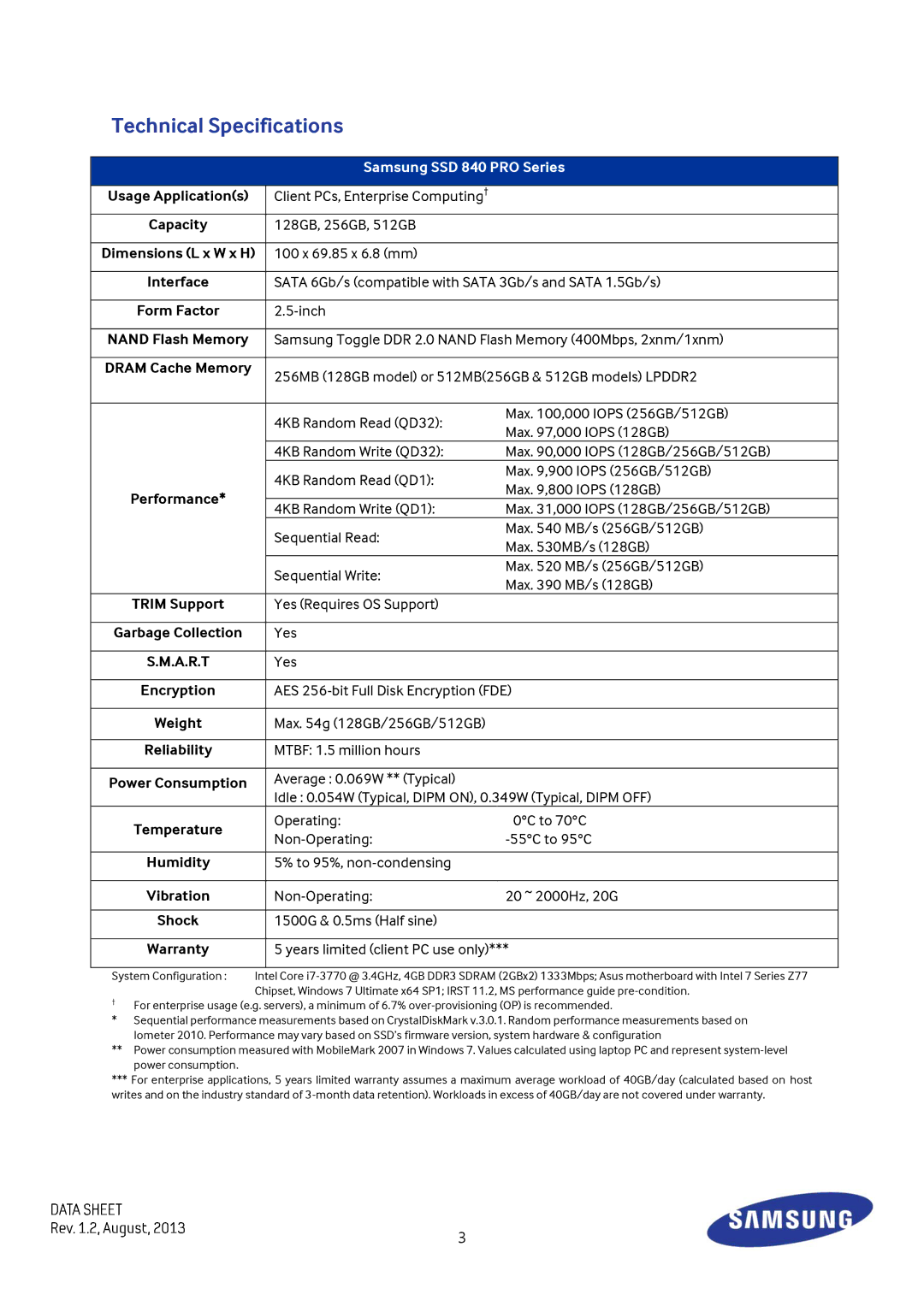 Samsung MZ7TD120KW, MZ-7PD512BW, MZ-7TD120KW warranty Technical Specifications, Samsung SSD 840 PRO Series 