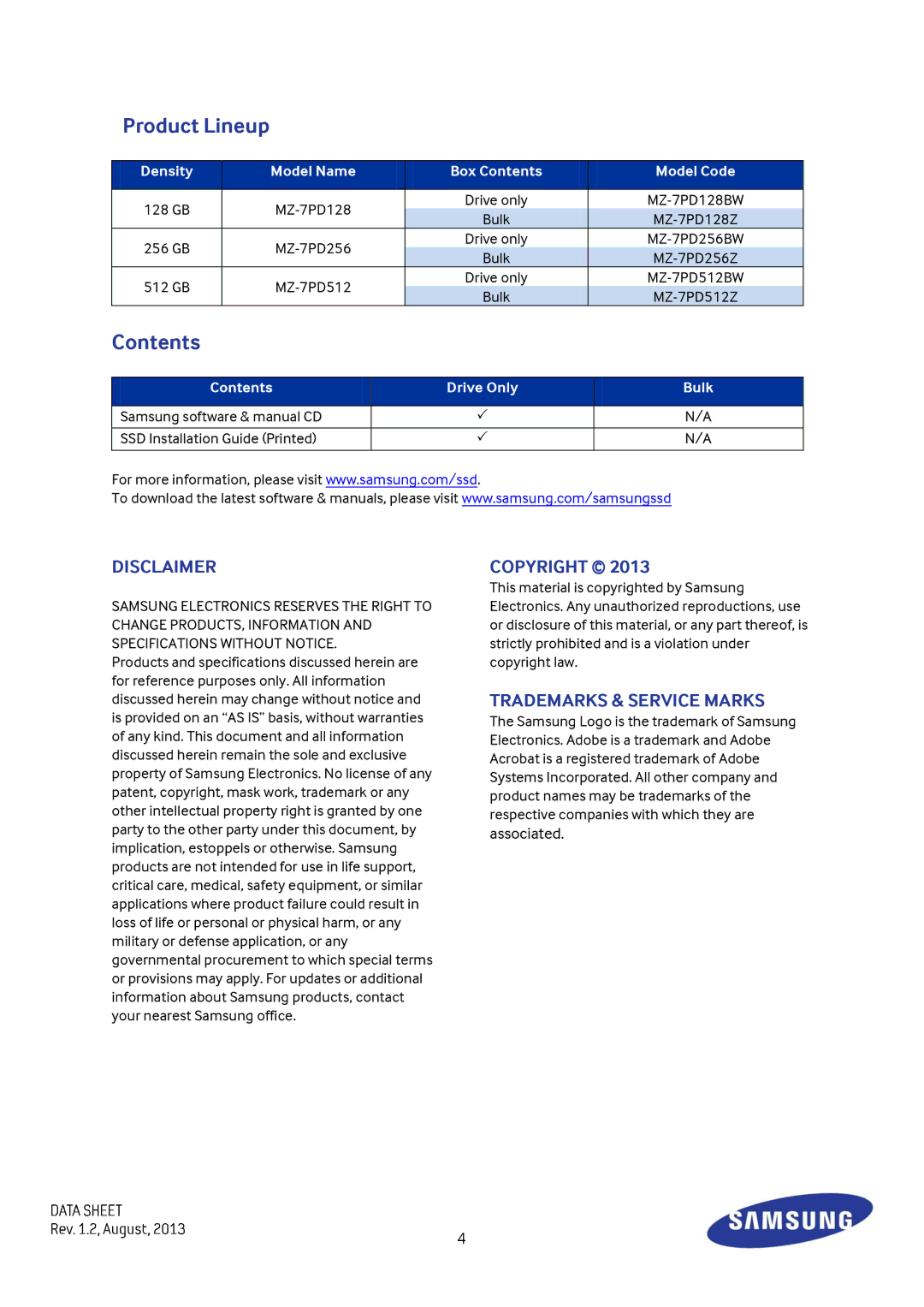 Samsung MZ-7PD512BW, MZ7TD120KW, MZ-7TD120KW warranty Product Lineup, Contents 