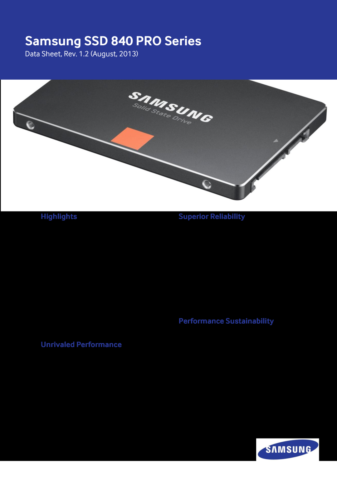 Samsung MZ-7PD512BW warranty Highlights, Unrivaled Performance, Superior Reliability, Performance Sustainability 