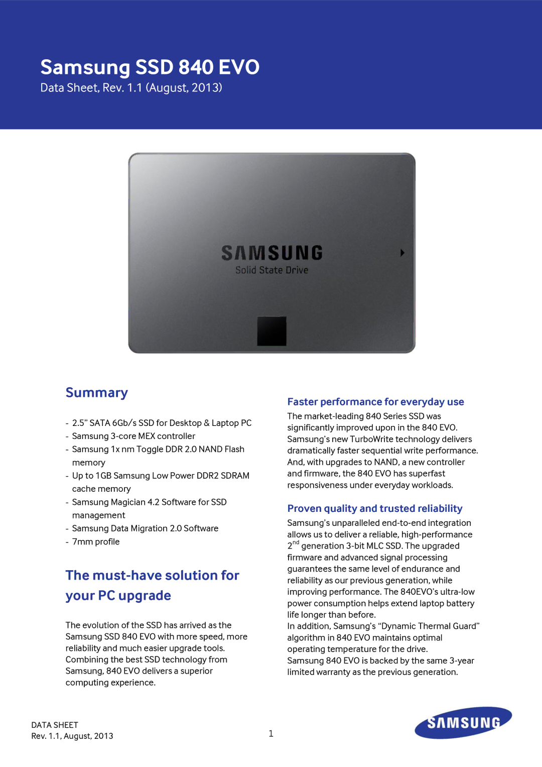 Samsung MZ-7TE250BW warranty Summary, Must-have solution for your PC upgrade, Faster performance for everyday use 