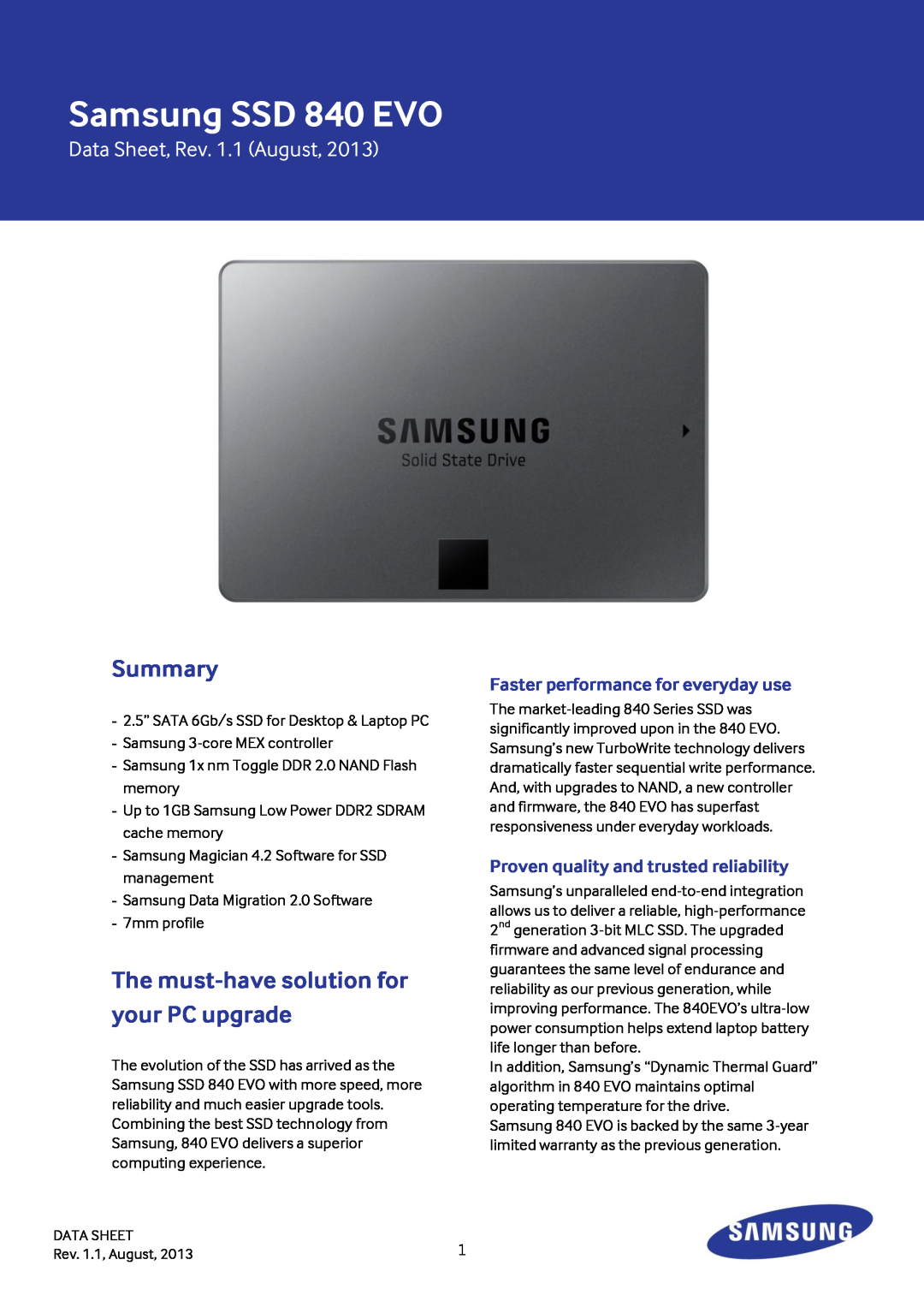 Samsung MZ-7TE250BW warranty Summary, The must-have solution for your PC upgrade, Faster performance for everyday use 