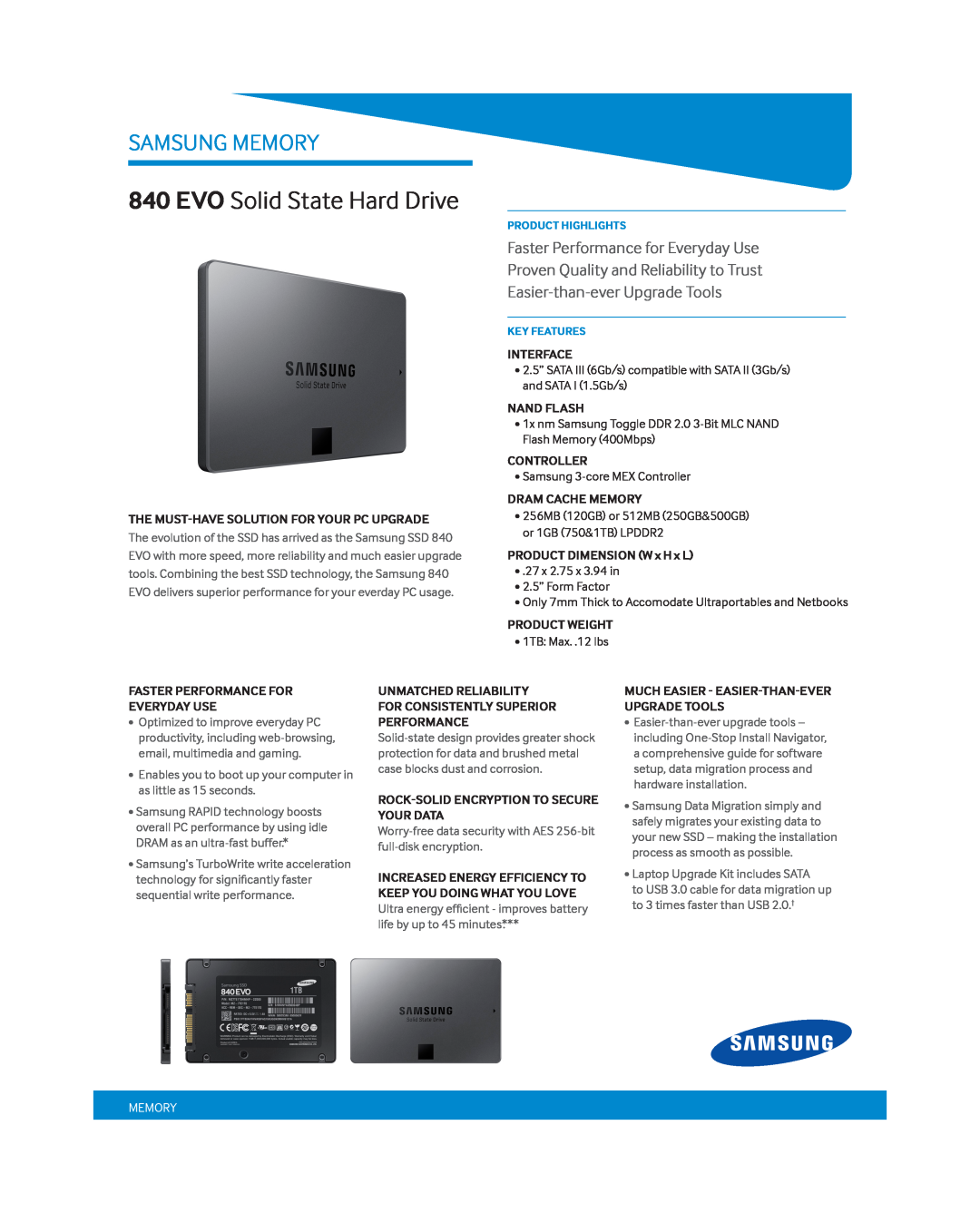 Samsung MZ7TE120KW, MZ7TE250BW manual EVO Solid State Hard Drive, Samsung Memory, Faster Performance for Everyday Use 