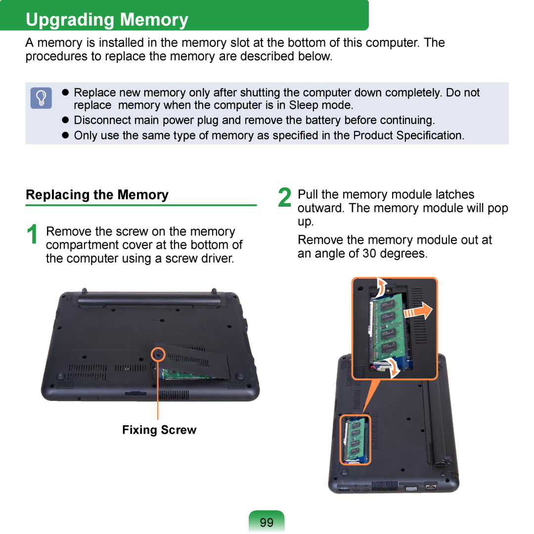 Samsung N140 manual Upgrading Memory, Replacing the Memory, Fixing Screw 