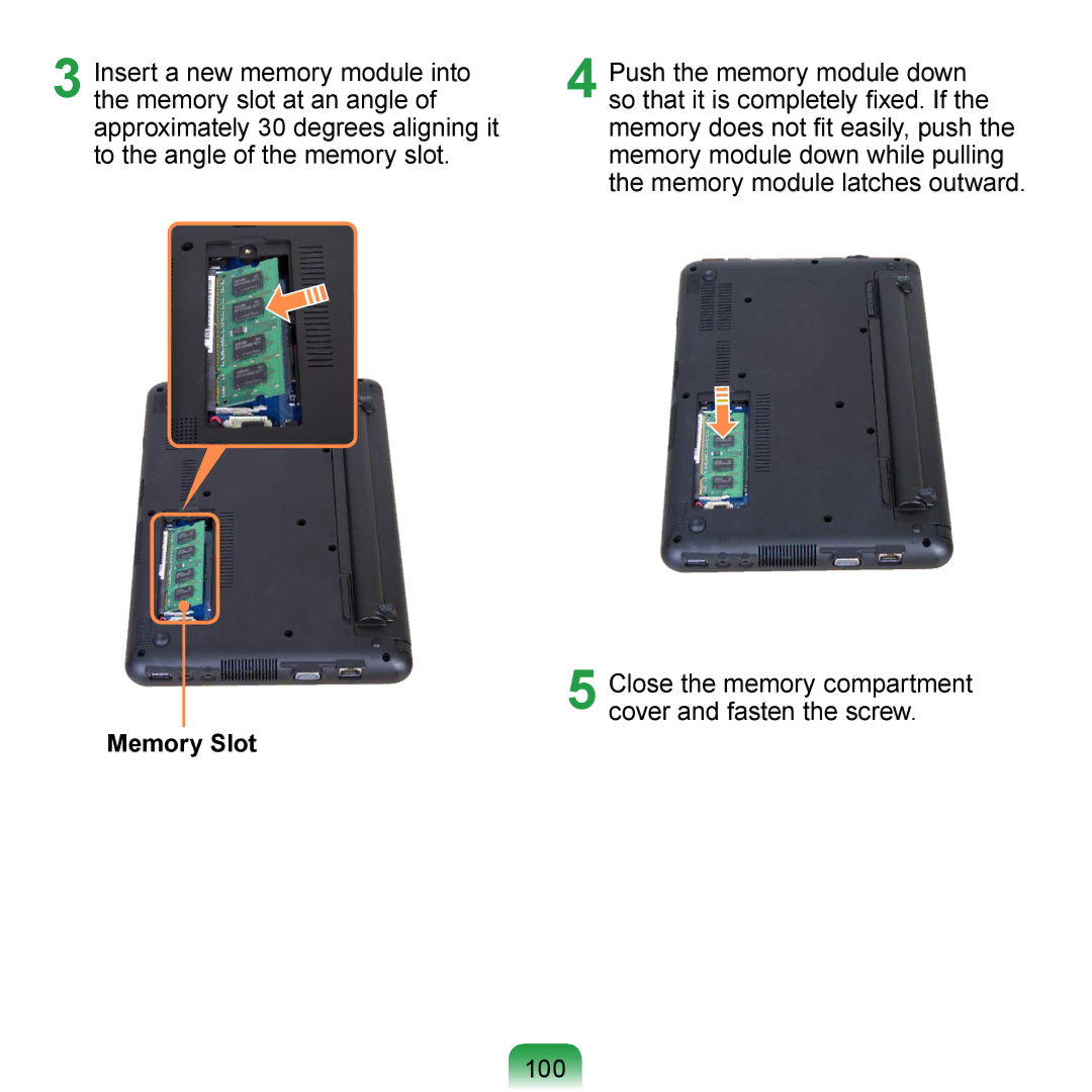 Samsung N140 manual 100, Memory Slot 