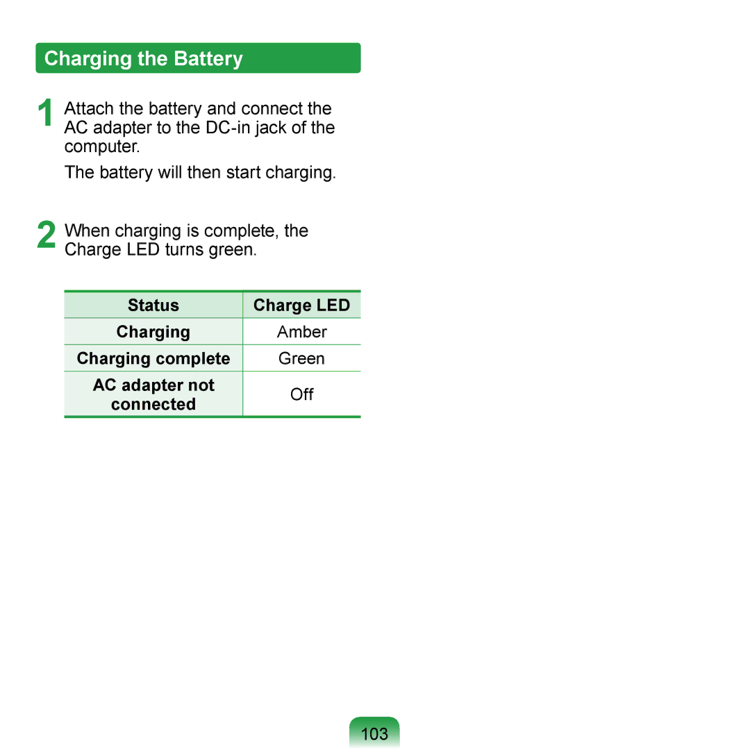 Samsung N140 manual Charging the Battery, 103, Status Charge LED Charging Amber, Charging complete Green AC adapter not 