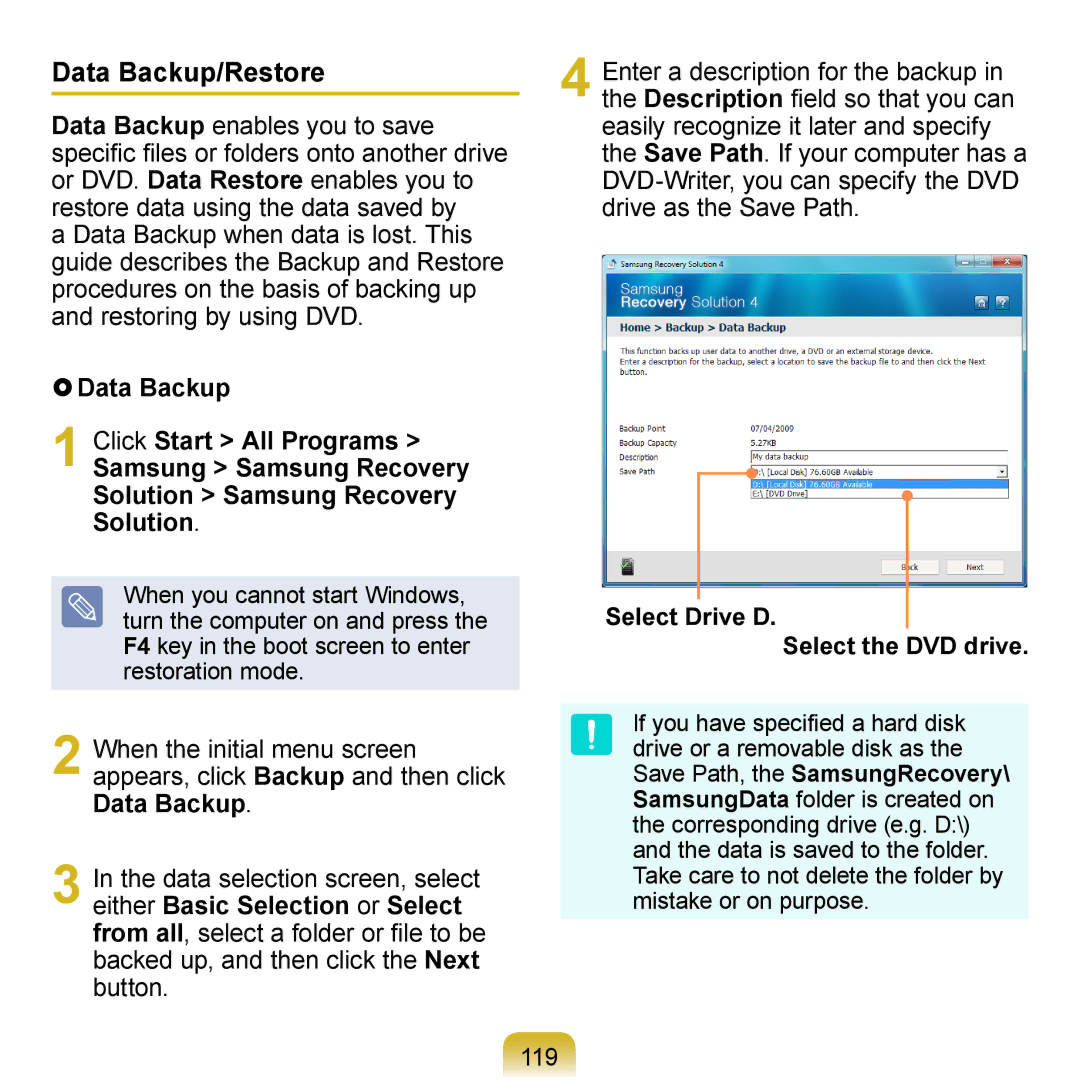 Samsung N140 manual Data Backup/Restore, 119 