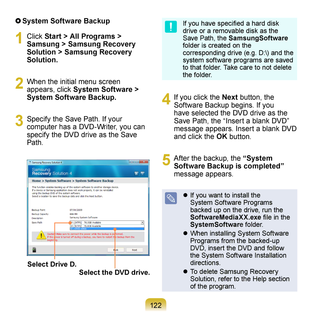 Samsung N140 manual System Software Backup, Software Backup is completed message appears, 122 