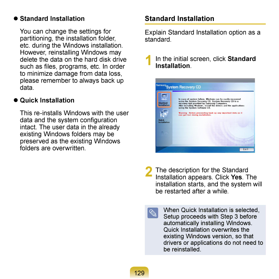 Samsung N140 manual  Standard Installation,  Quick Installation, 129 