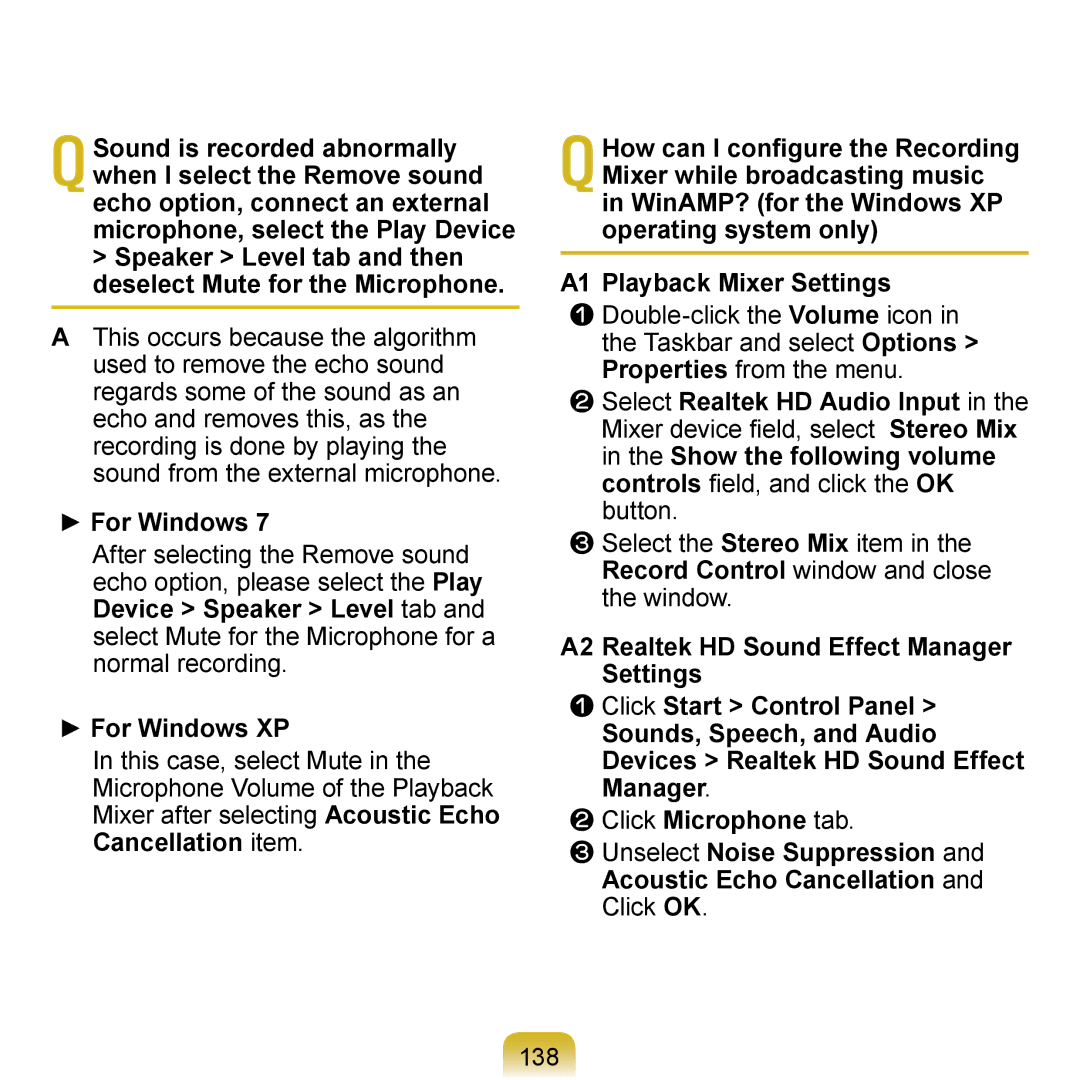 Samsung N140 manual Select Realtek HD Audio Input, Click OK 138, Unselect Noise Suppression and Acoustic Echo Cancellation 