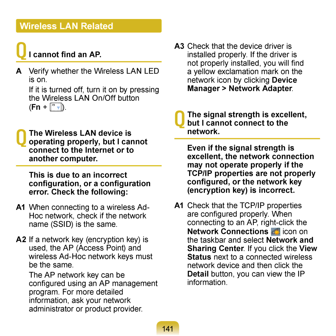 Samsung N140 manual Wireless LAN Related, QI cannot find an AP, Encryption key is incorrect 