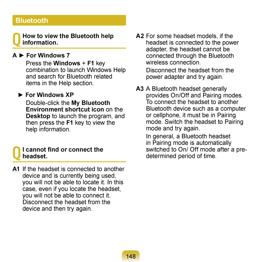 Samsung N140 manual How to view the Bluetooth help information For Windows, QI cannot find or connect the headset 