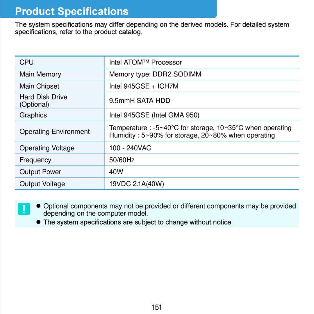 Samsung N140 manual Product Specifications, 151 