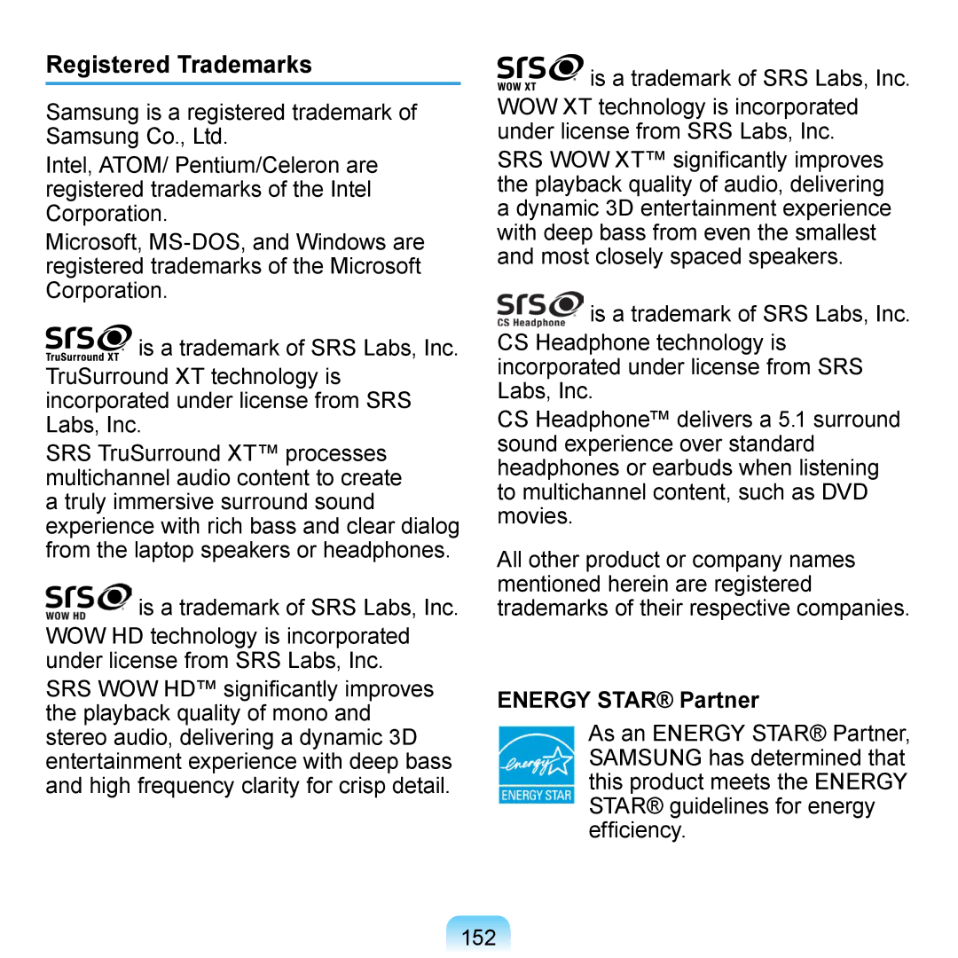 Samsung N140 manual Registered Trademarks, Energy Star Partner 