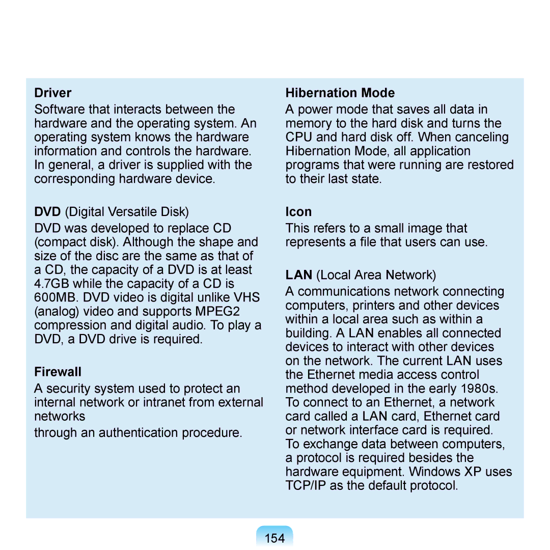 Samsung N140 manual Driver, DVD Digital Versatile Disk, Firewall, Hibernation Mode, Icon 