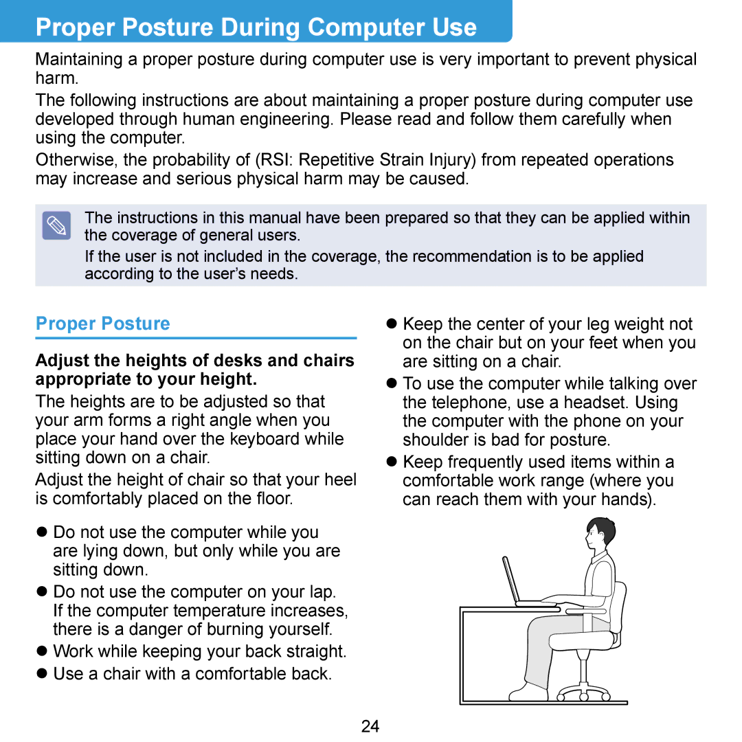 Samsung N140 manual Proper Posture During Computer Use 