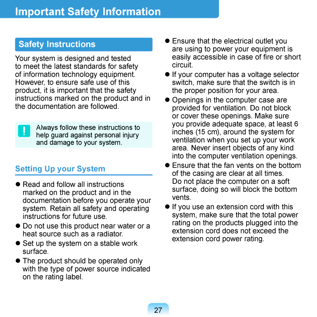 Samsung N140 manual Important Safety Information, Safety Instructions, Setting Up your System 