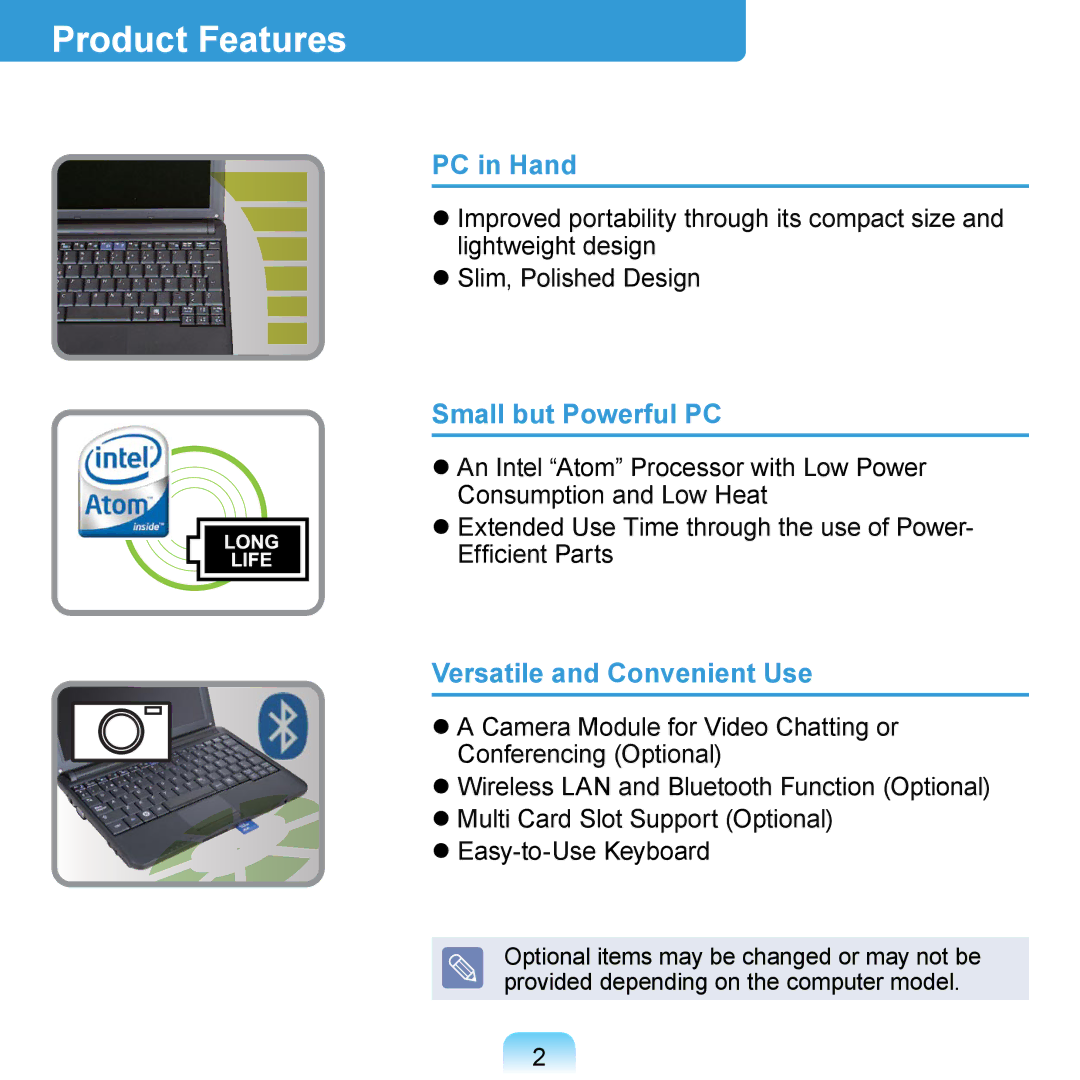 Samsung N140 manual Product Features, PC in Hand, Small but Powerful PC, Versatile and Convenient Use 