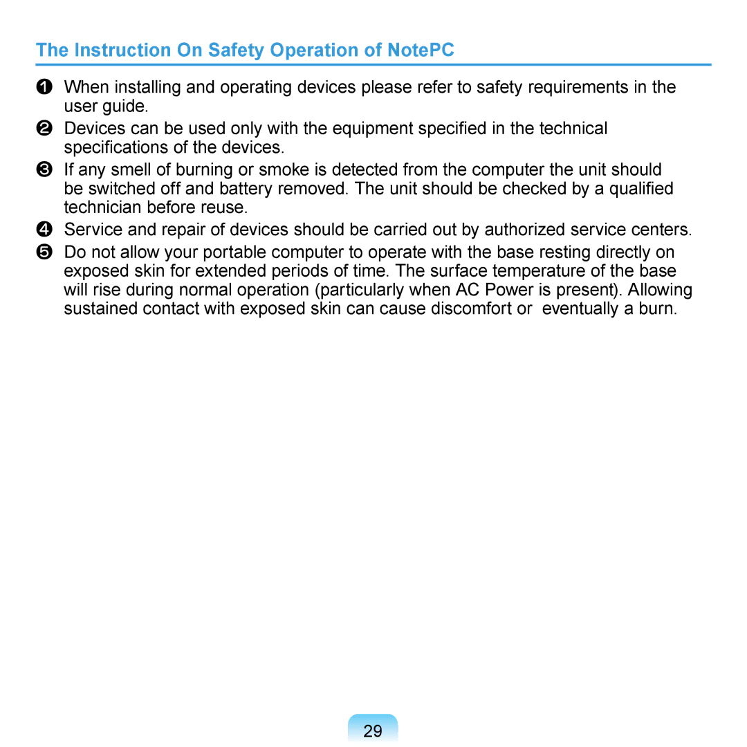 Samsung N140 manual Instruction On Safety Operation of NotePC 