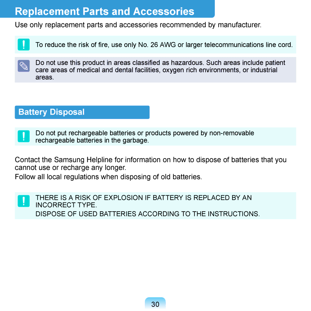 Samsung N140 manual Replacement Parts and Accessories, Battery Disposal 