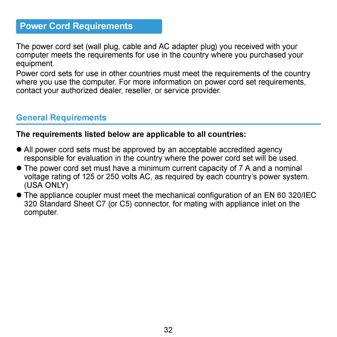 Samsung N140 Power Cord Requirements, General Requirements, Requirements listed below are applicable to all countries 