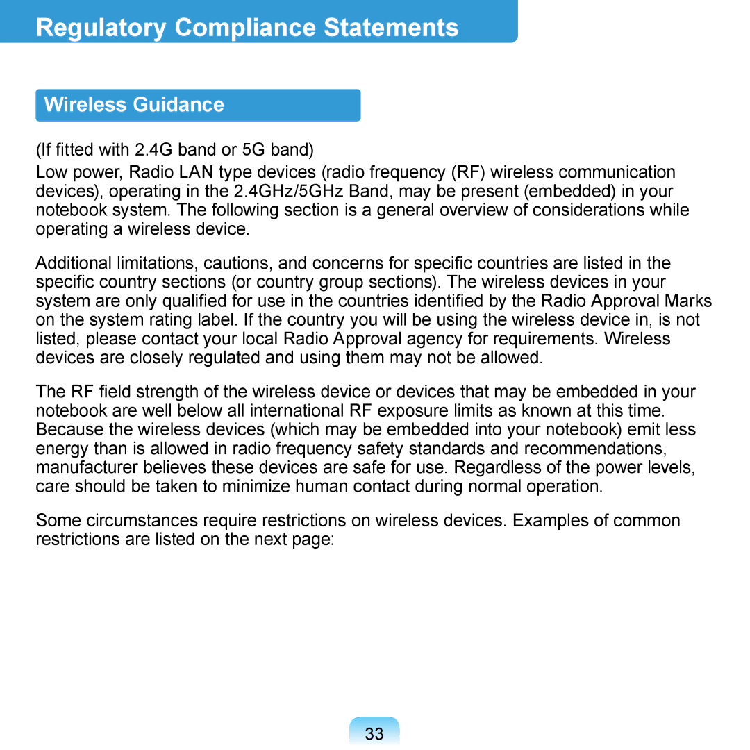 Samsung N140 manual Regulatory Compliance Statements, Wireless Guidance 