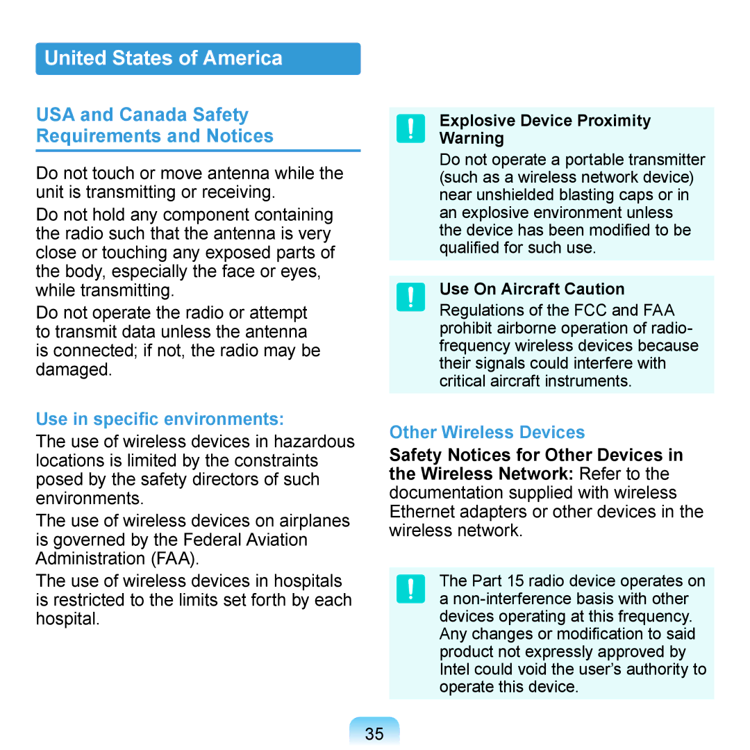 Samsung N140 manual United States of America, USA and Canada Safety Requirements and Notices, Explosive Device Proximity 