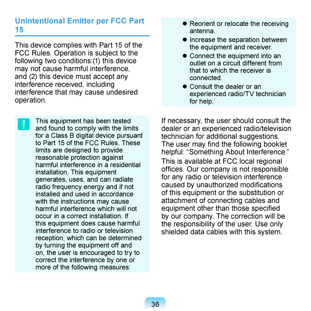 Samsung N140 manual Unintentional Emitter per FCC Part 