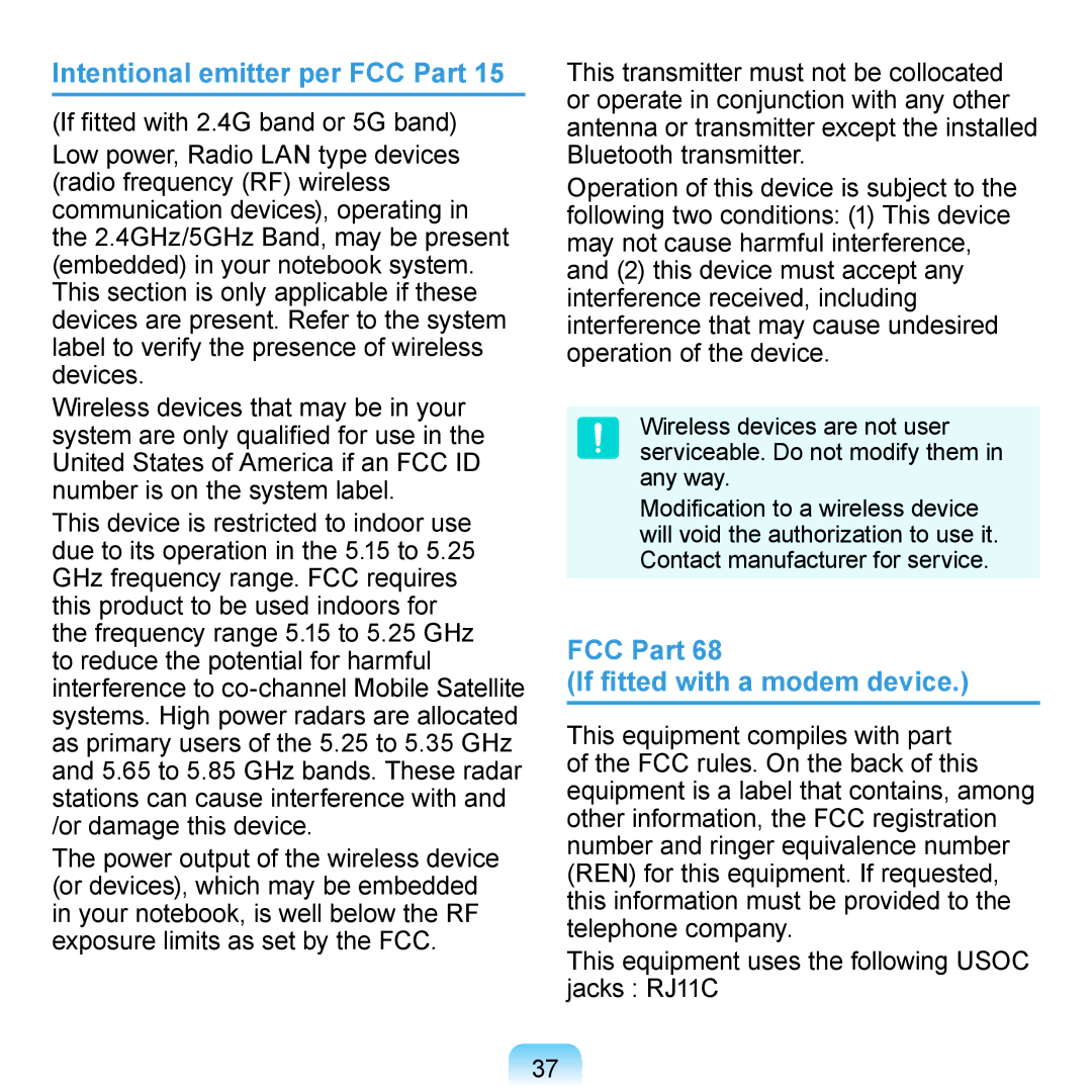 Samsung N140 manual Intentional emitter per FCC Part, FCC Part If fitted with a modem device 