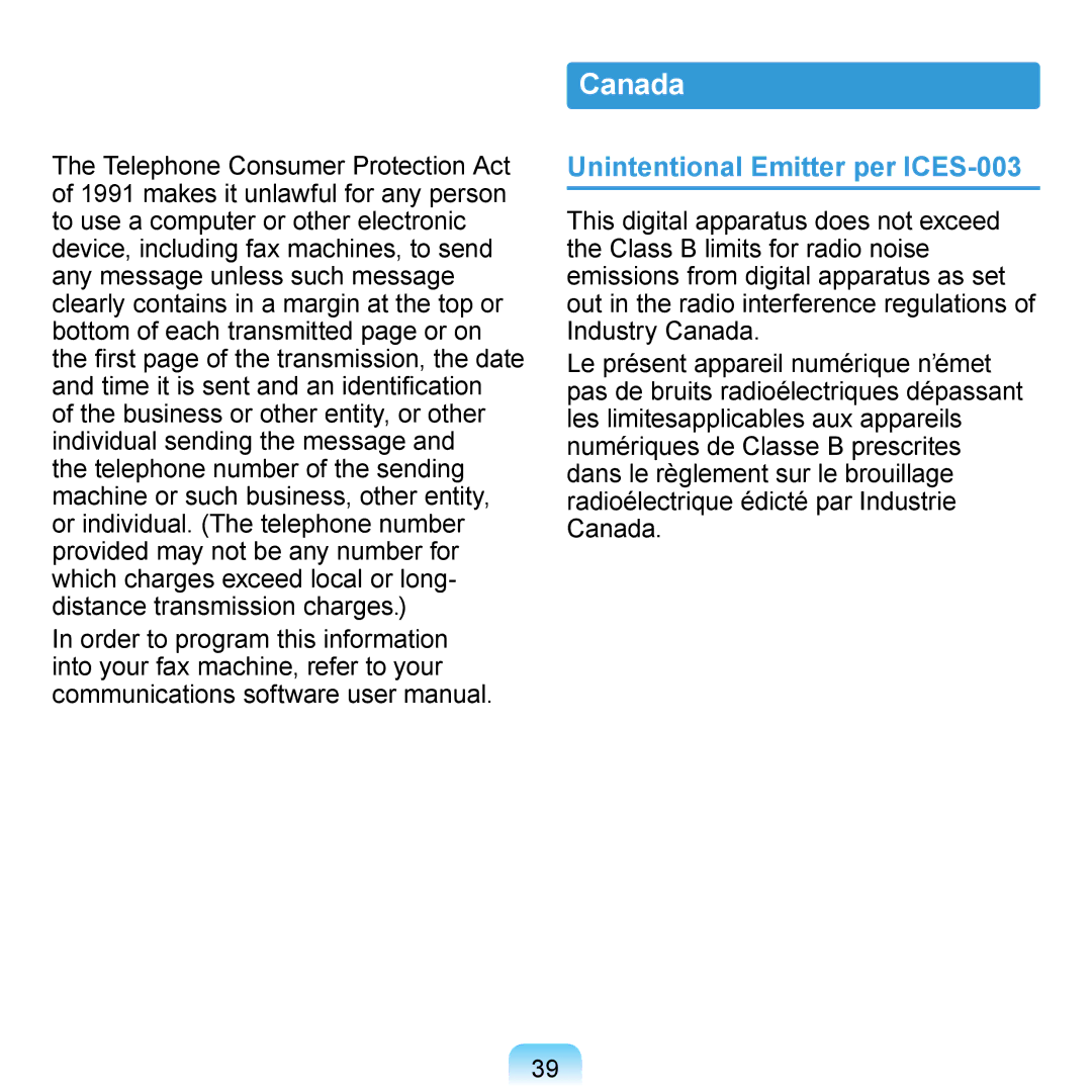 Samsung N140 manual Canada, Unintentional Emitter per ICES-003 