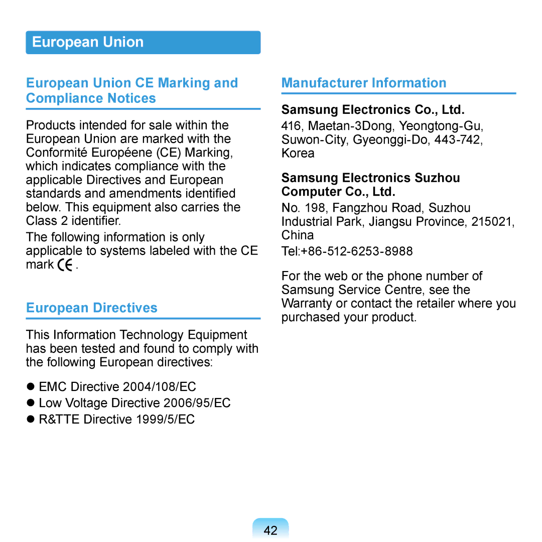 Samsung N140 manual European Union CE Marking and Compliance Notices, European Directives, Manufacturer Information 