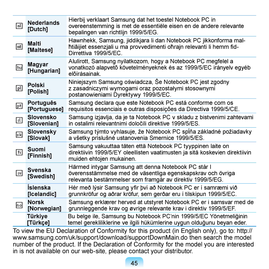 Samsung N140 Nederlands, Dutch, Malti, Maltese, Magyar, Hungarian, Polski, Polish, Português, Portuguese, Slovensko, Suomi 