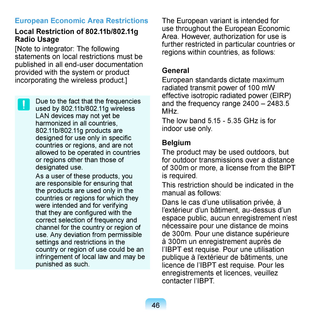 Samsung N140 manual Local Restriction of 802.11b/802.11g Radio Usage, General, Belgium 