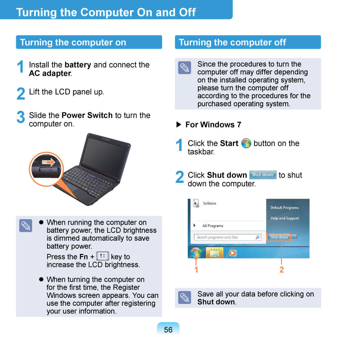 Samsung N140 manual Turning the Computer On and Off, Turning the computer on, Turning the computer off, For Windows 