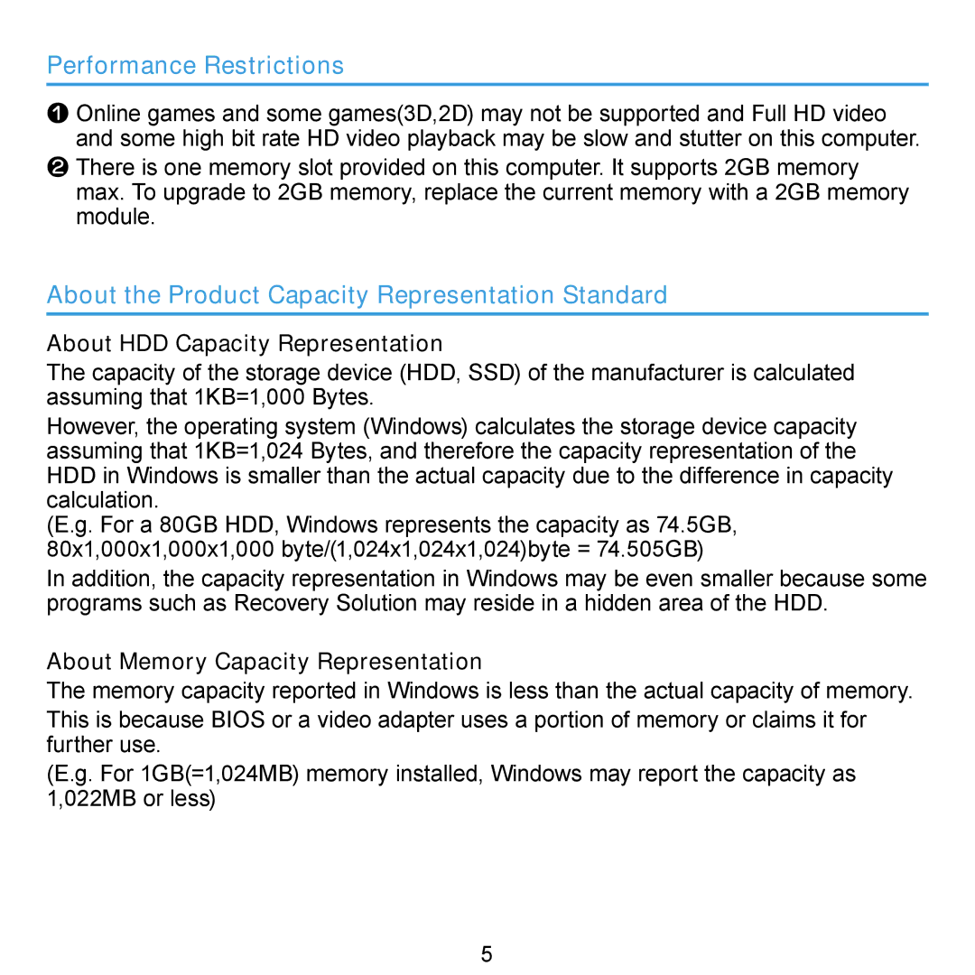 Samsung N140 manual Performance Restrictions, About the Product Capacity Representation Standard 