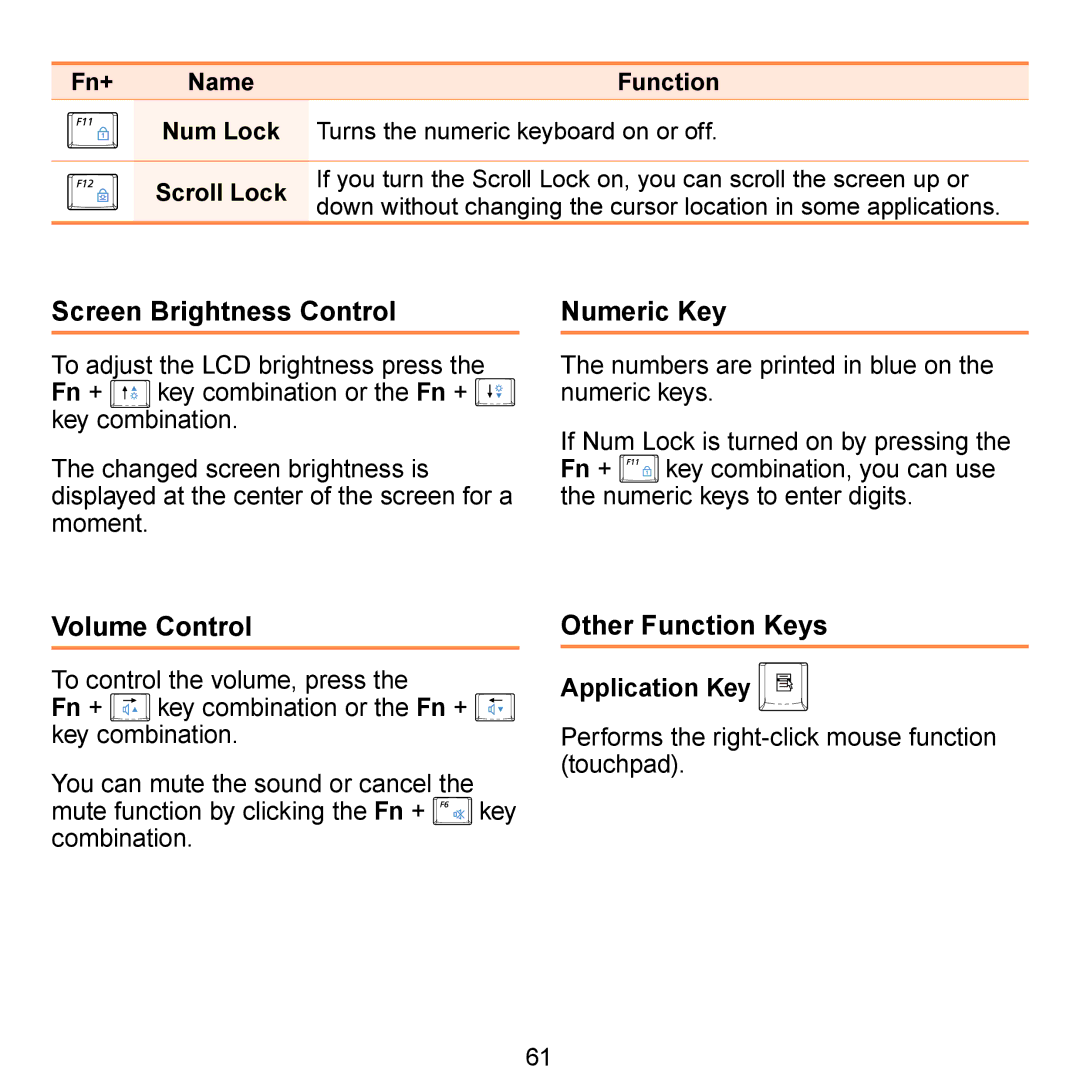 Samsung N140 manual Screen Brightness Control, Numeric Key, Volume Control, Other Function Keys, Application Key 