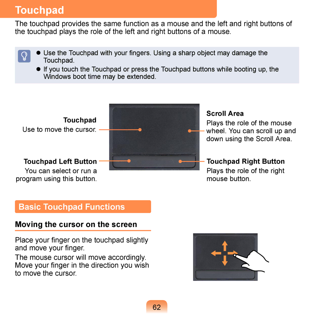 Samsung N140 manual Basic Touchpad Functions, Moving the cursor on the screen 