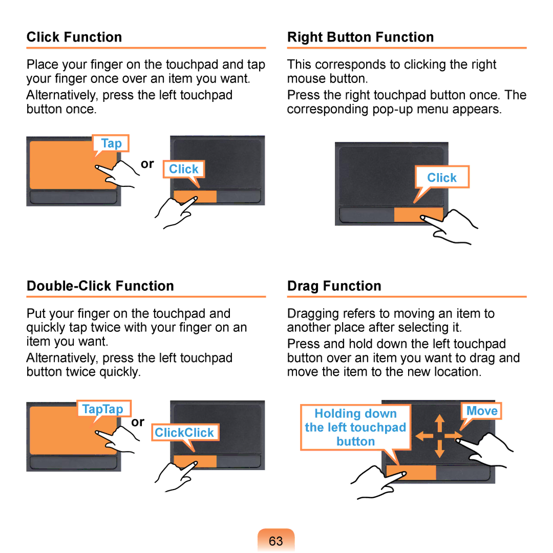 Samsung N140 manual Right Button Function, Double-Click Function, Drag Function 