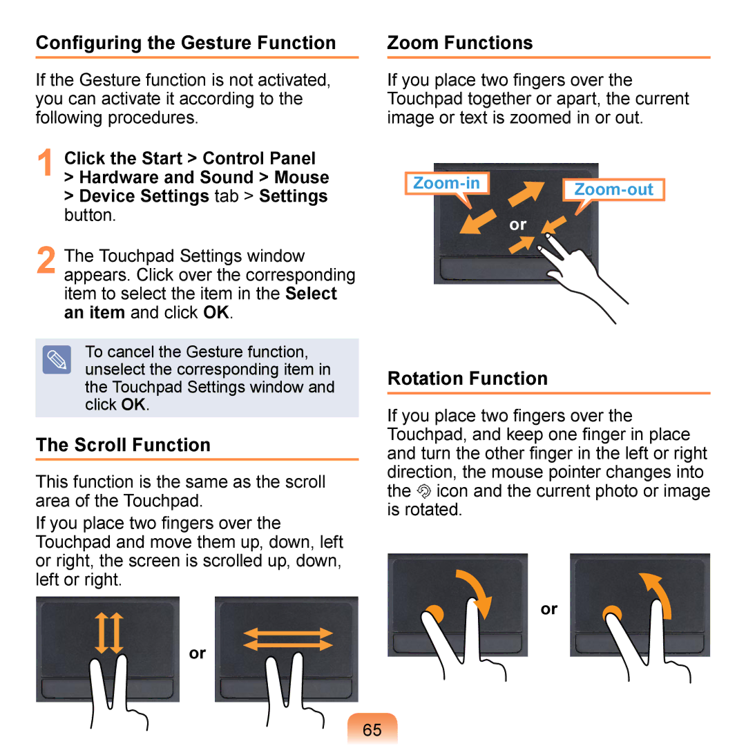 Samsung N140 manual Configuring the Gesture Function, Scroll Function, Zoom Functions, Rotation Function 