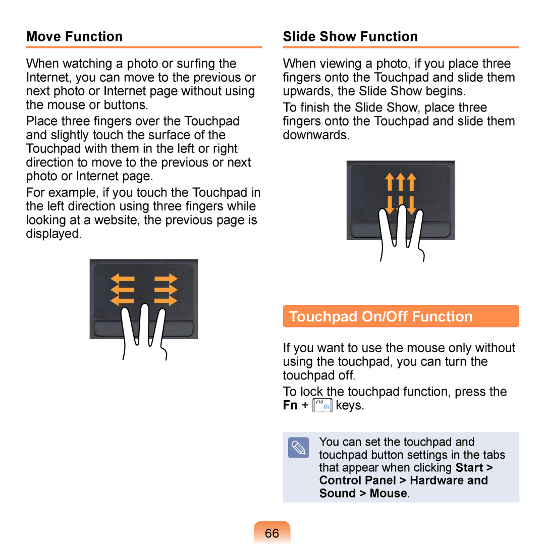 Samsung N140 manual Touchpad On/Off Function, Move Function, Slide Show Function, Control Panel Hardware Sound Mouse 